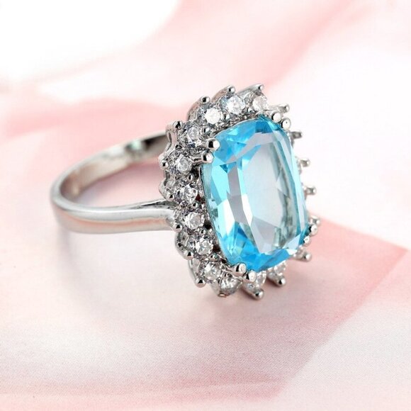 Jewelry ring blue center emerald shape sparkly halo statement 925 silver new - Picture 2 of 5